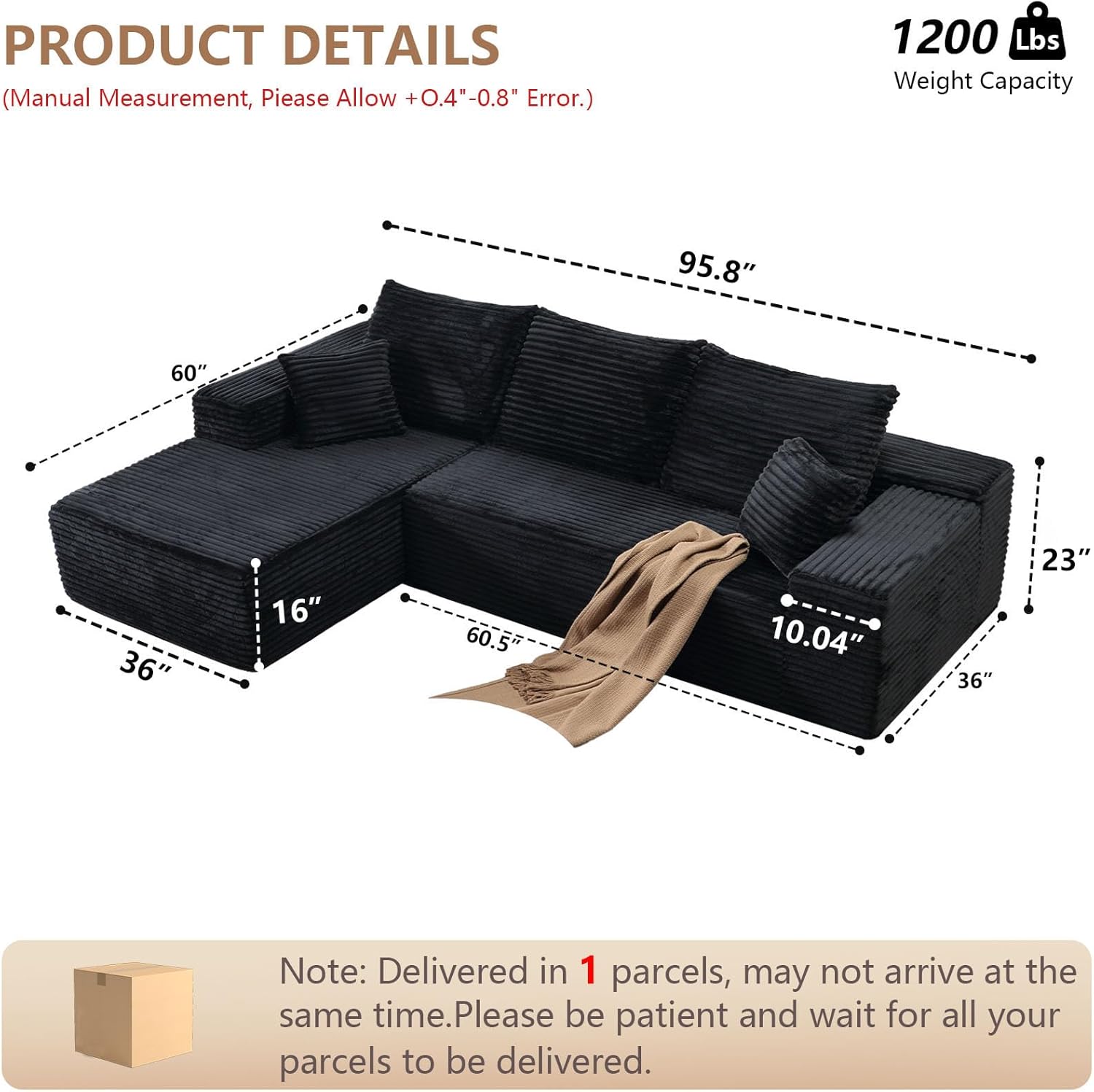 96 Modular Sectional Sofa, Modern Corduroy Cloud Couch with Deep Seat, Boneless Couch Upholstered 3-Seater L-Shaped Sofa for Living Room, No Assembly Required(Black, Left-Facing Chaise)