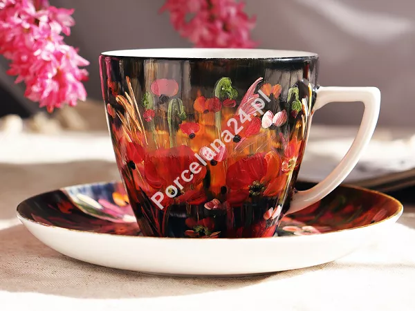 Filiżanka ze spodkiem 0,35 L / 17 cm ręcznie malowana - Kwiaty czarne (2) DA.FS35-2