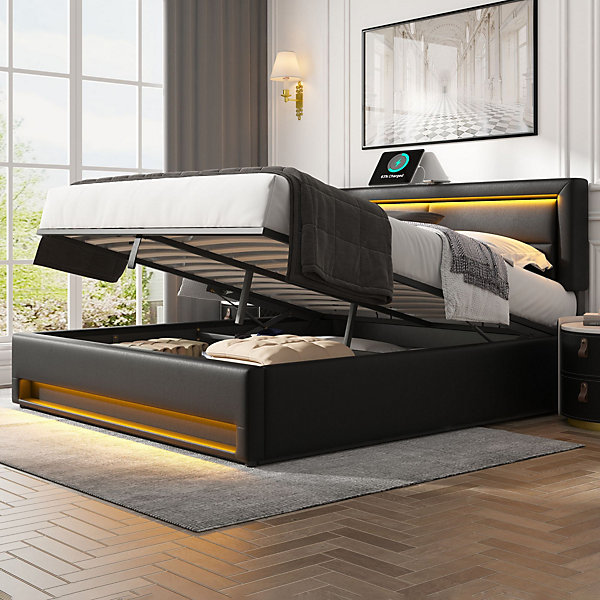 Lit Coffre 140x200 cm - Lit Double Capitonné avec Port USB et éclairage LED - Similicuir - Noir - Sans Matelas