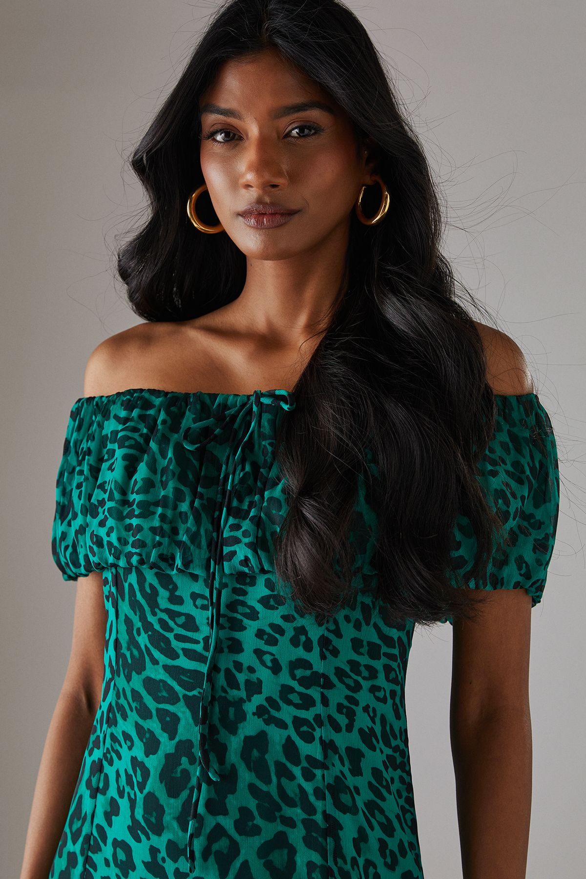 Warehouse Chiffon Bardot Godet Insert Milkmaid Midi Dress