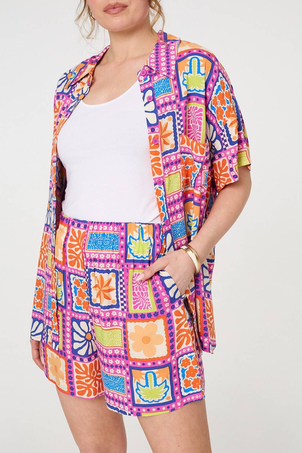 Izabel London Patchwork Print Short Sleeve Shirt