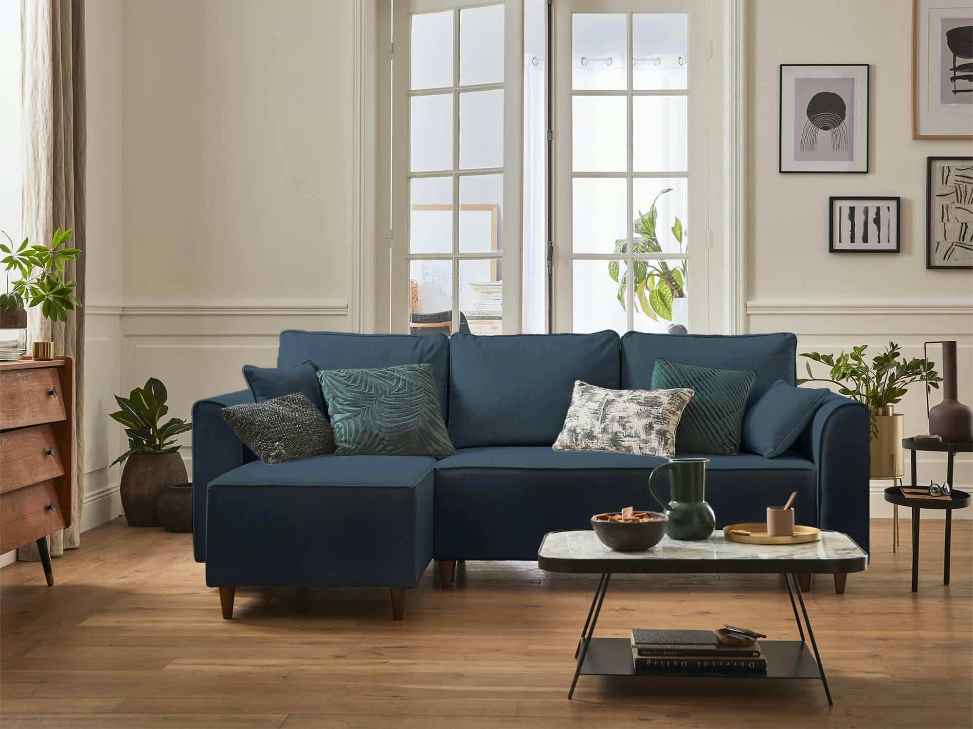 SAPHIR - Canapé d'angle réversible convertible 4 places en tissu bleu