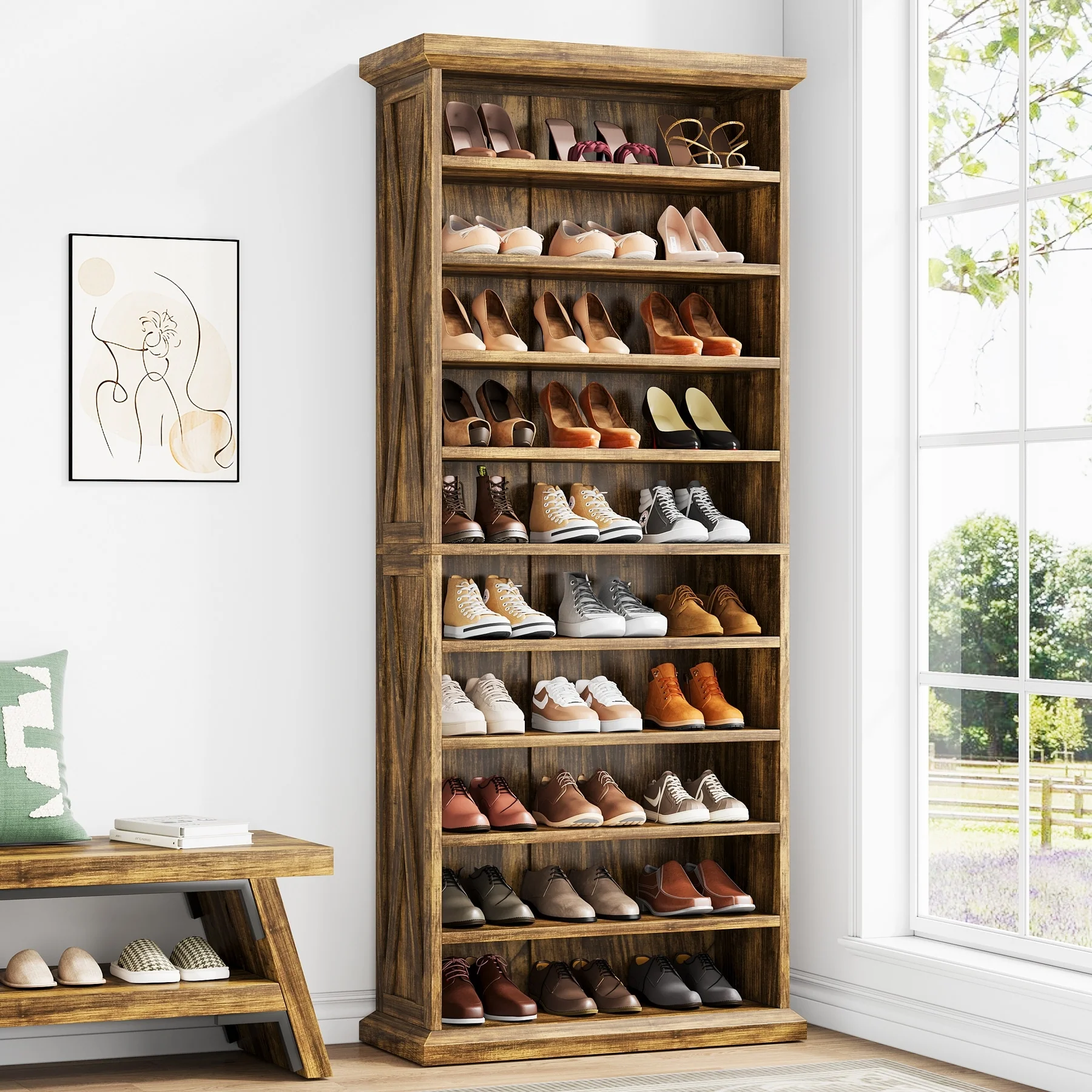 30 Pairs Tall Shoe Cabinet, 10 Tiers Wooden Shoe Storage Rack for Closet, Entryway