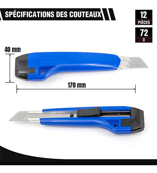 Lot de cutters professionnels bleus Couteau utilitaire rétractable avec 100 lames 18mm Taille - Lot de 12