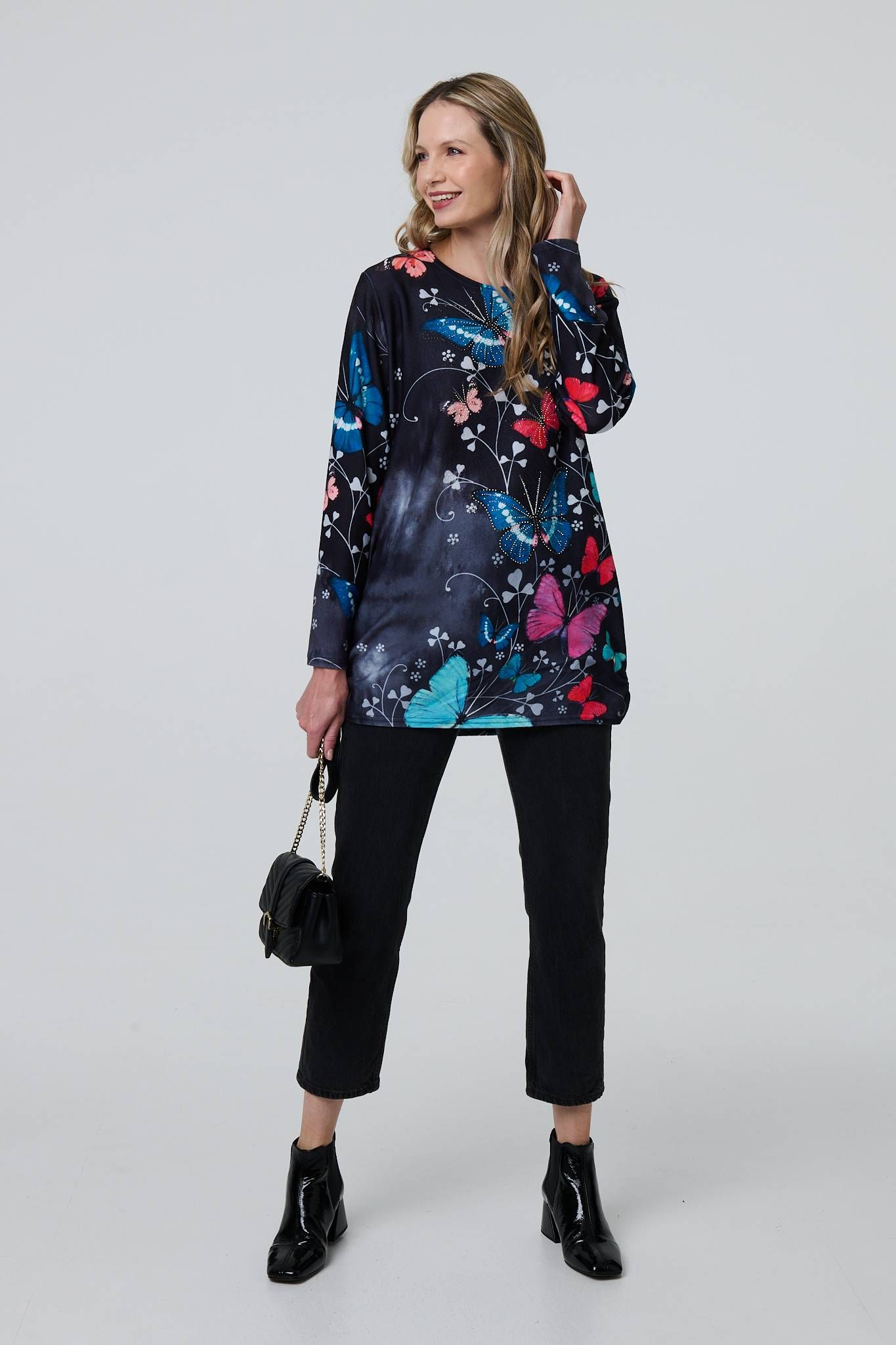 Izabel London Butterfly Print Diamante Detail Tunic