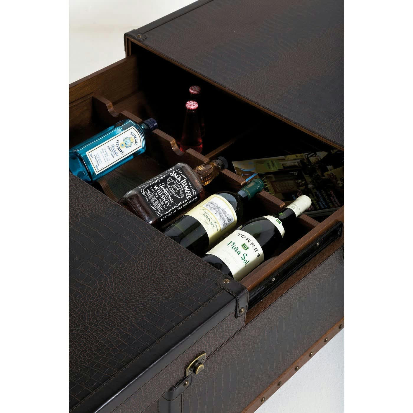 COLONIAL - Table basse bar marron imitation peau de crocodile