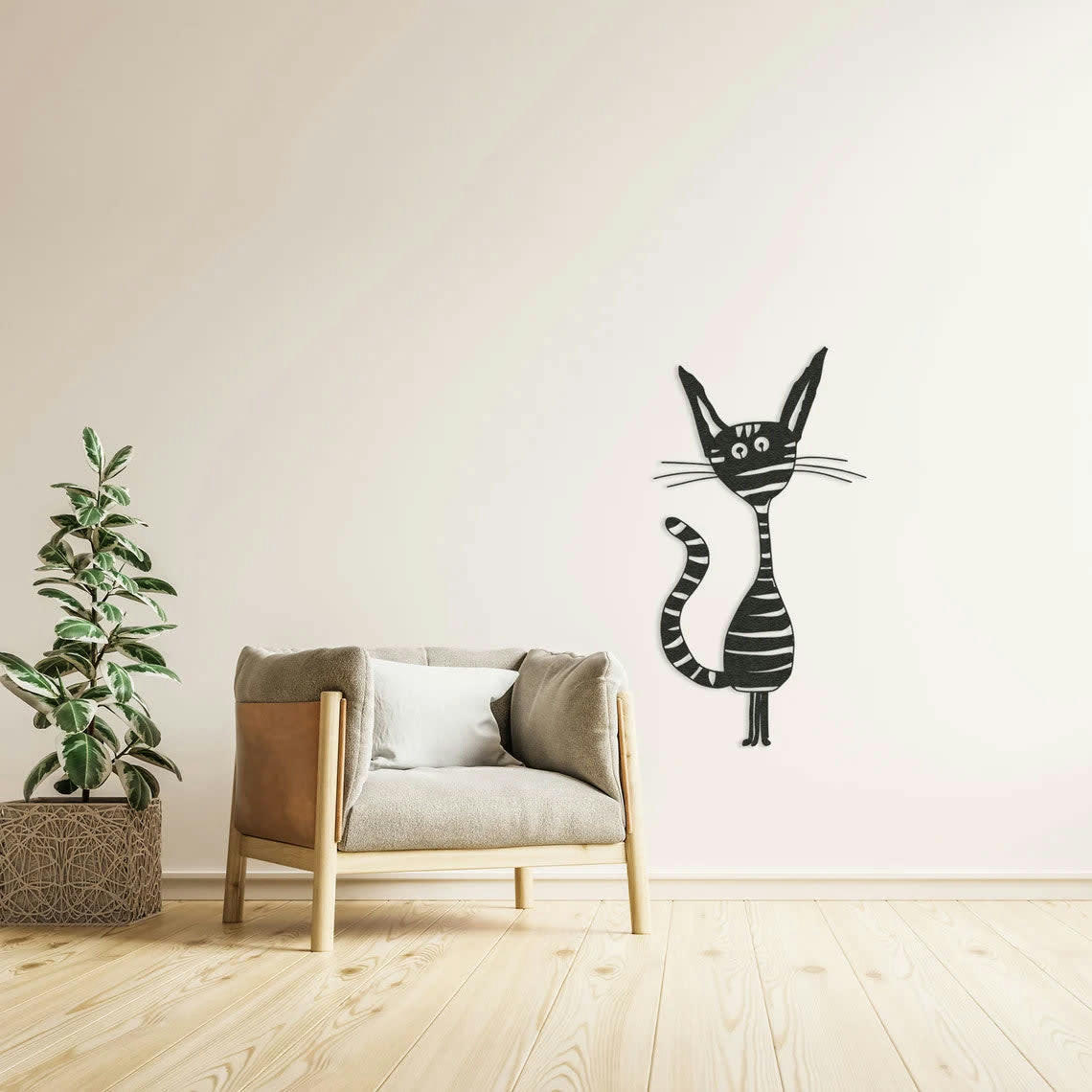 ANIMAL - Décoration murale chat joyeux en métal noir 32x60 cm