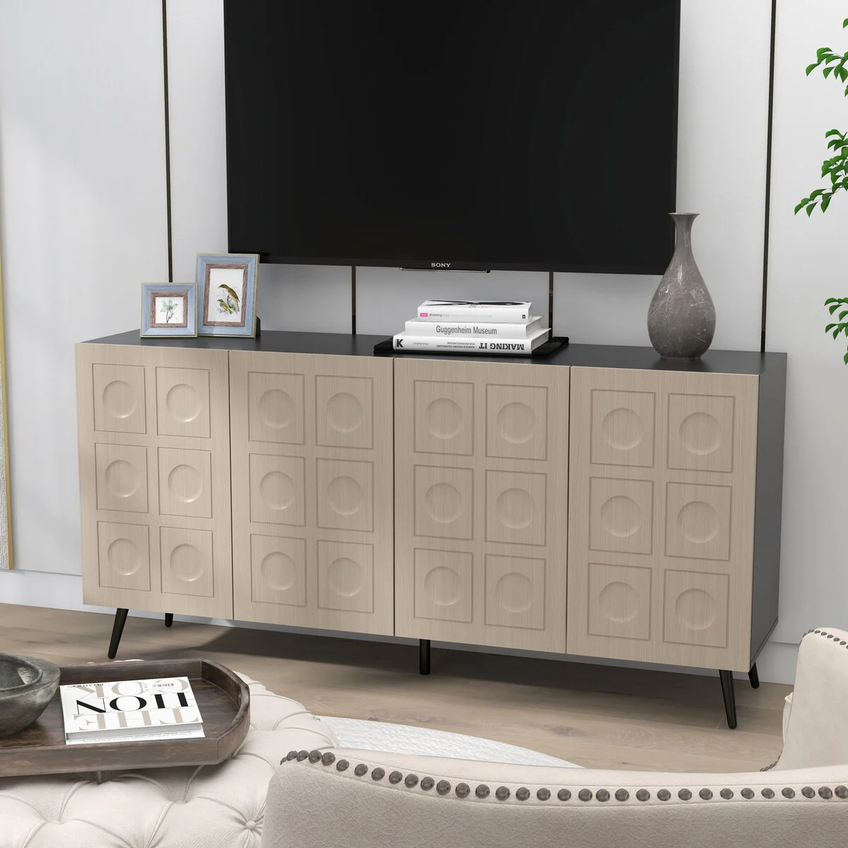 Chic 63 Black TV Stand w/ Stylish Beige Door - Fits up to 65 TV - 63 in Width