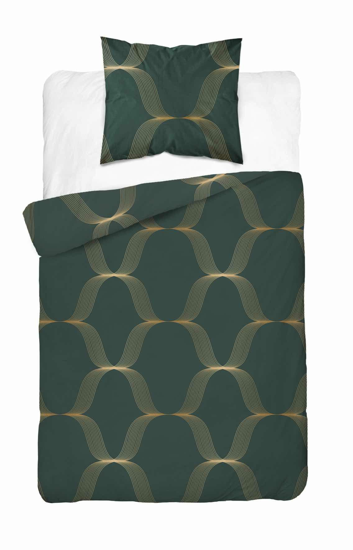 Pościel satynowa 140x200 zielona butelkowa złota ornament Home Satin
