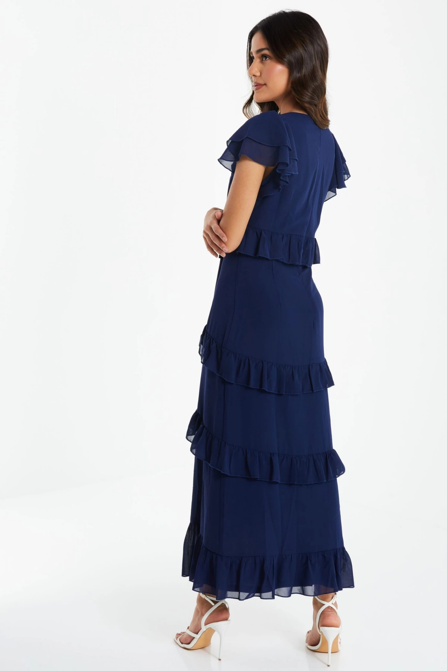 Quiz Navy Blue Frill Layered Midaxi Dress