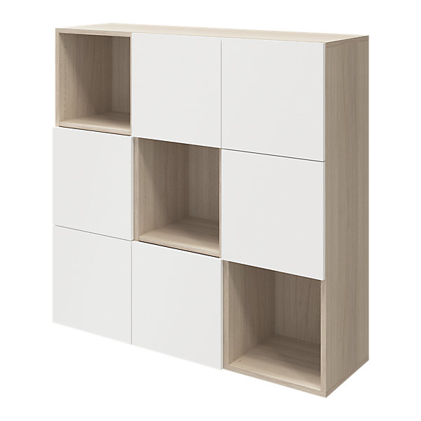 étagère semi ouverte 9 cases effet chêne avec 6 portes blanches GoodHome Atomia H. 112,5 x L. 112,5 x P. 37 cm