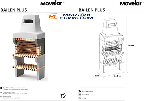 MOVELAR - Barbecue préfabriqué à bois et charbon de bois Bailen Plus (Gris, Orange - 86,5x58x220 cm) REF : M00519