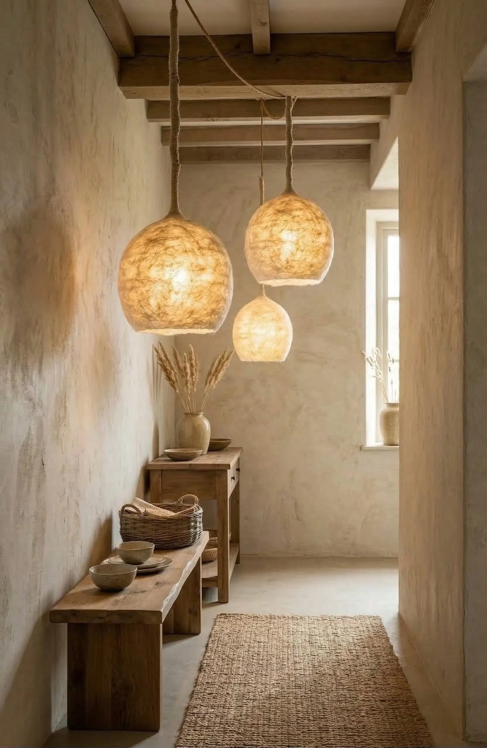 Handmade Wool Pendant Light – Natural Round Lampshade – Cozy LED Lighting – Minimalist Boho Decor