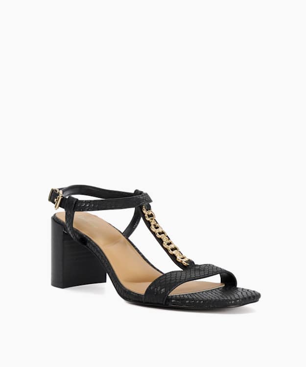 Josina Black - Leather Gold Chain Embellished T-Bar Sandals