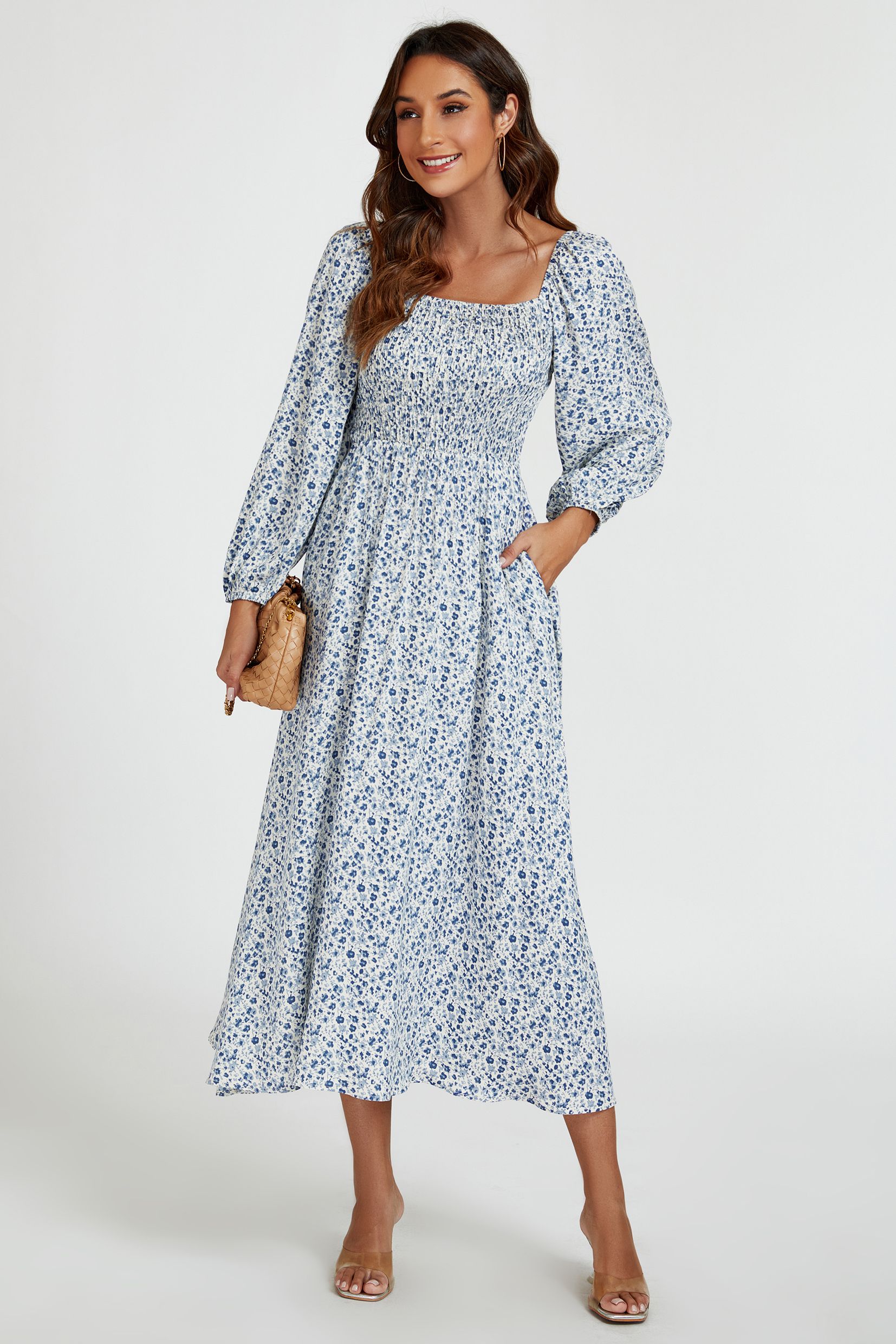 FS Collection Floral Print Square Neck Maxi Dress In Dark Blue