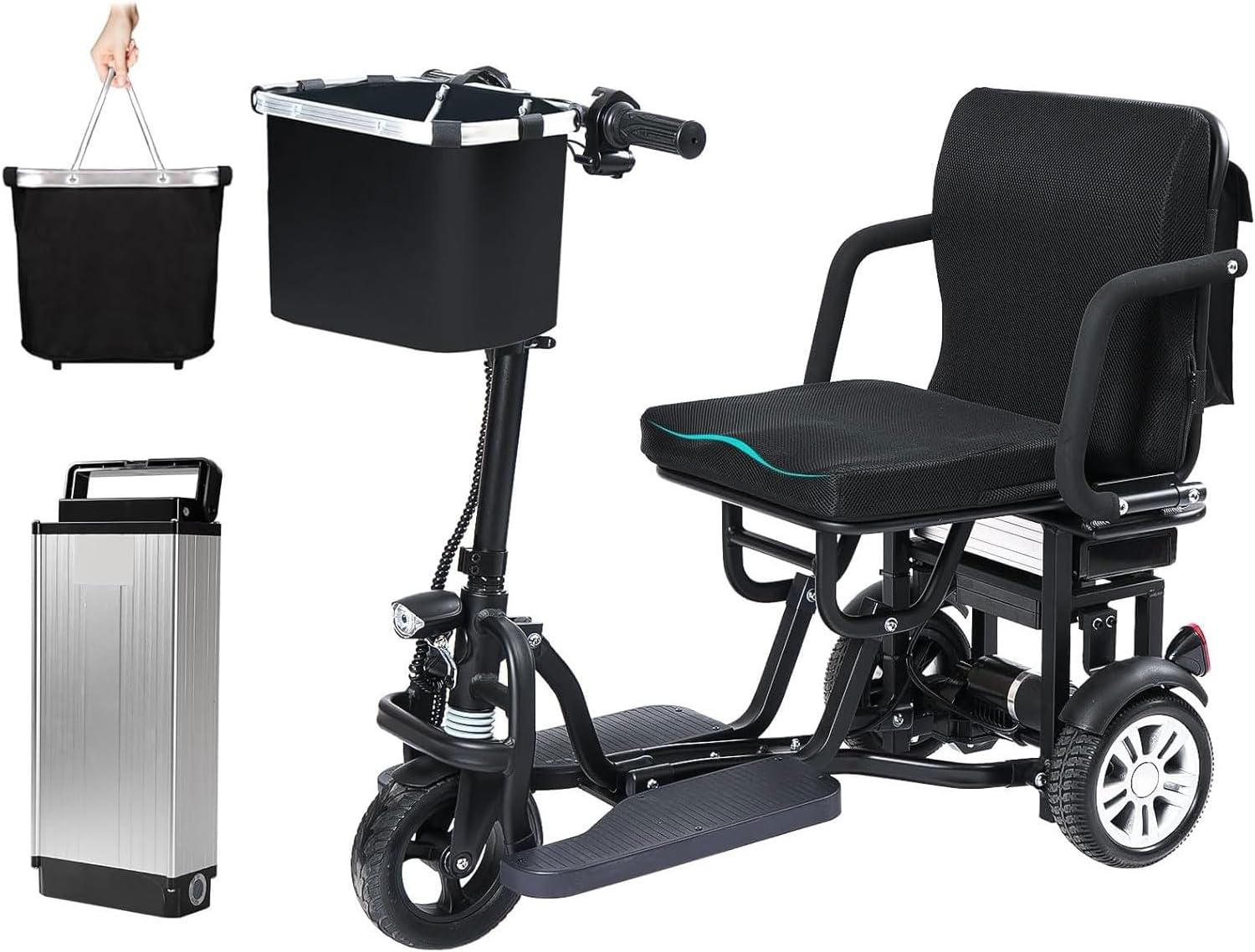 3-Wheel Folding Electric Mobility Scooter  Lightweight, Detachable Basket, LED Lights, Black(Black)