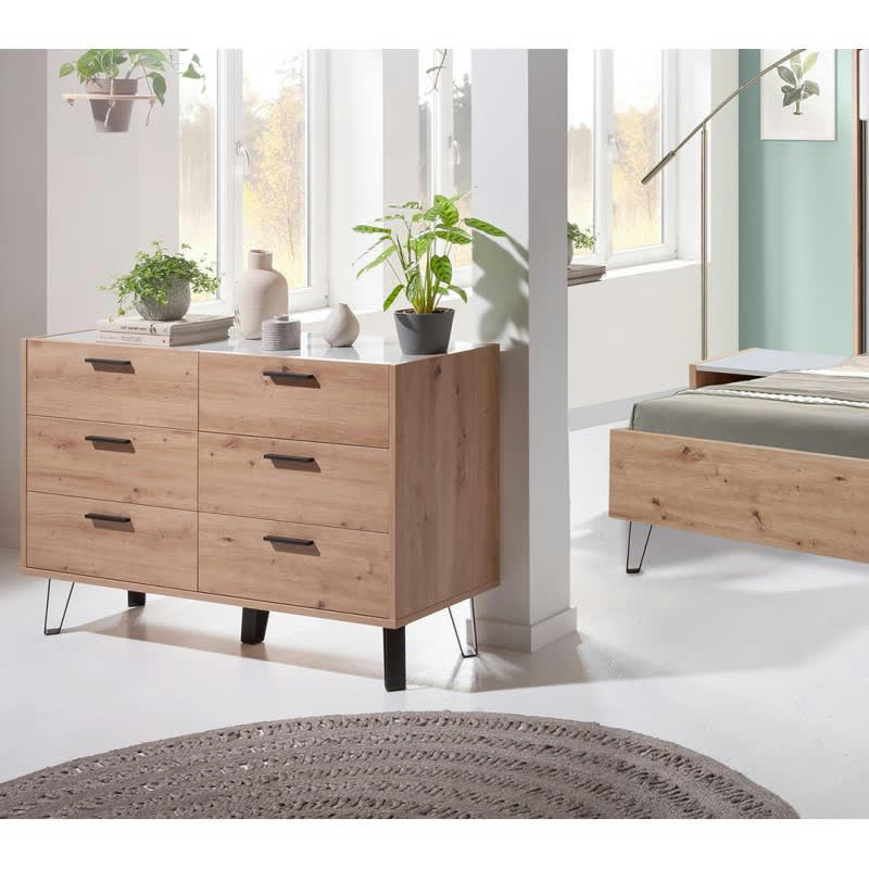 MILOS - Commode 3 tiroirs décor chêne clair pieds métal noir