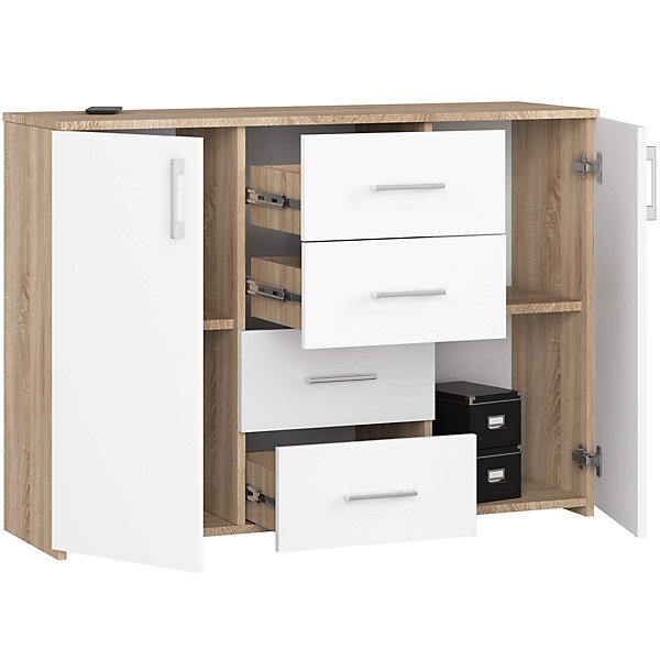 Commode AKORD K45 Chêne Sonoma 110 cm 2 portes 4 tiroirs façade Blanche 4 étagères 110x35x80 cm