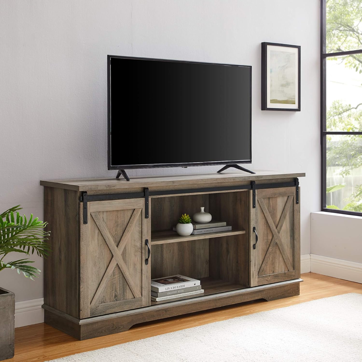 Walker Edison Richmond Modern Farmhouse Sliding Barn Door TV Stand for TVs up to 65 Inches, 58 Inch, Grey Wash