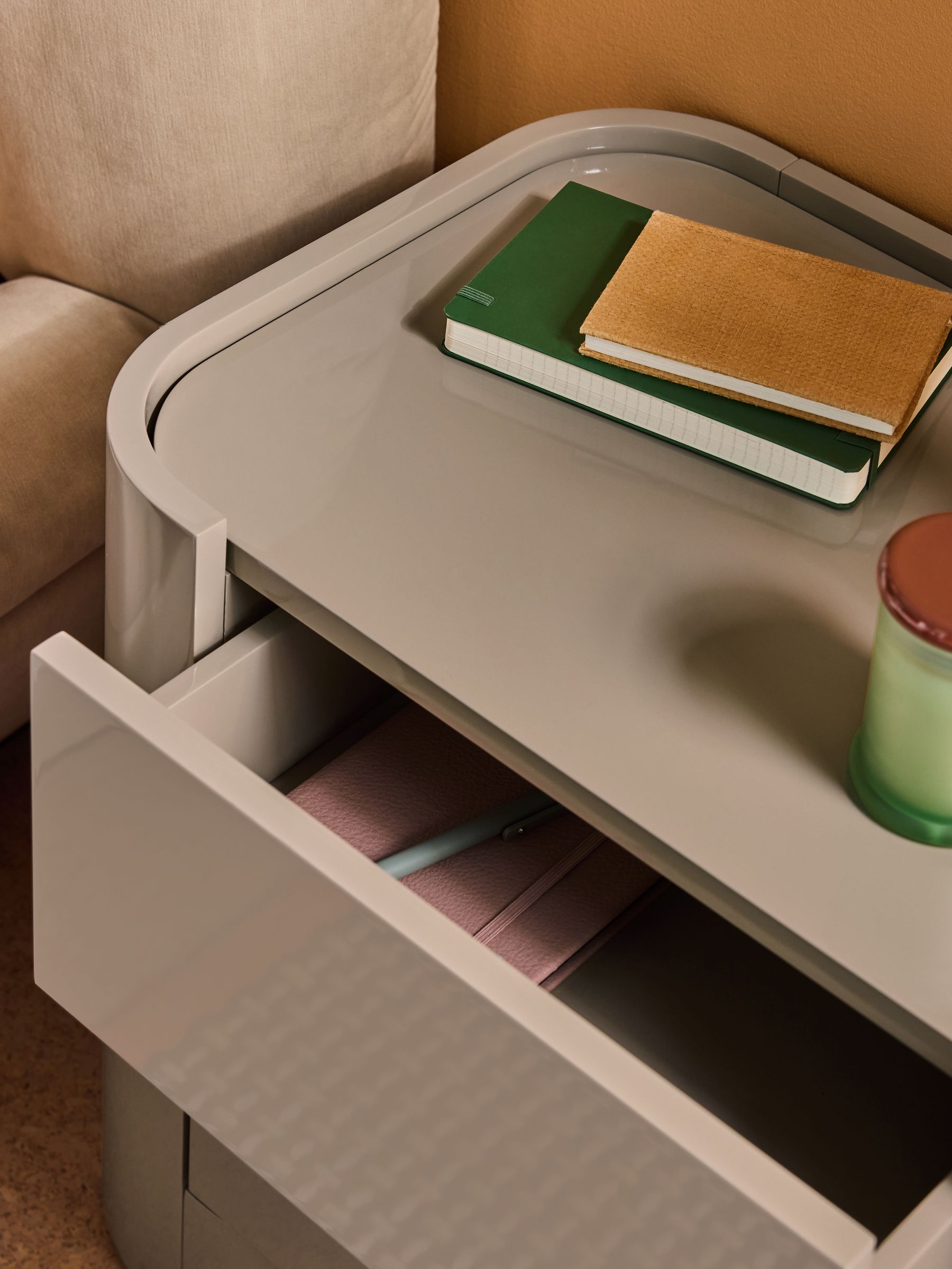 Kain Bedside Table in Mushroom Grey Gloss
