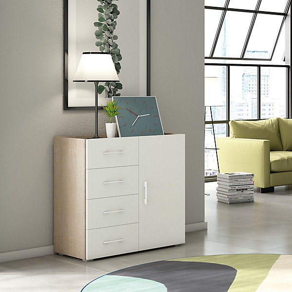 Armoire Polyvalente En Chêne Avec Porte Et Tiroirs Avec Façade Blanche
