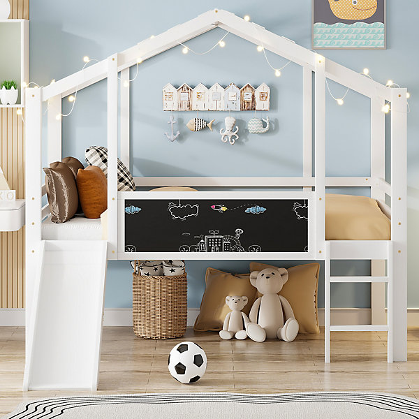 Lit Mezzanine enfant 90x200 cm avec Toboggan, échelle Sécurisée, Aire de Jeu &Tableau, Bois Massif - Blanc - Sans Matelas