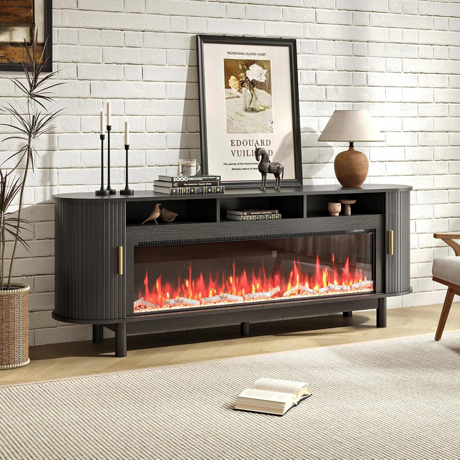 70 Inch Modern Fireplace TV Stand for TVs up to 80 inches, Mid Century TV Console with Solid Wood Legs, Sliding Doors & Curved Design,Media Console for Living Room, Black