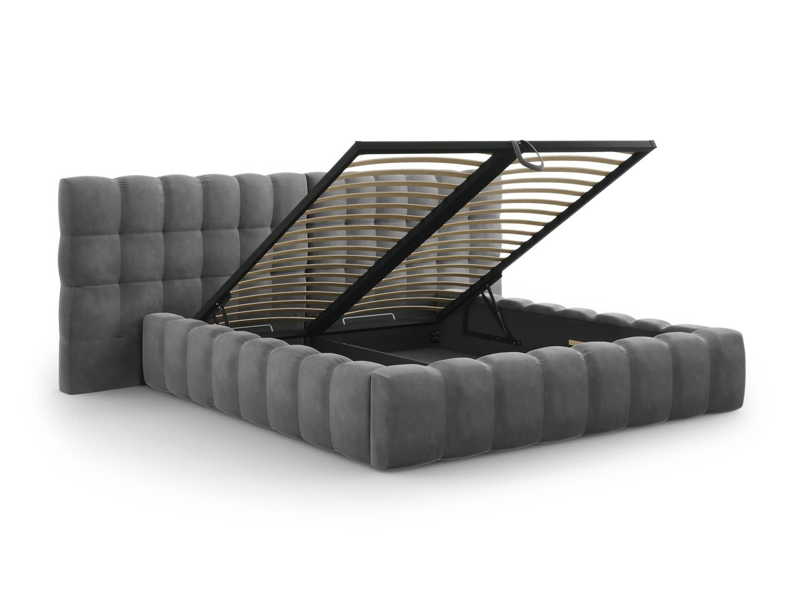 MAMAIA - Lit coffre en avec tête de lit double 180x200cm en tissu velours gris