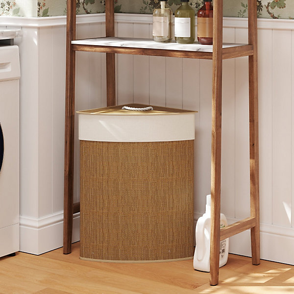 Panier à linge d'angle 55 L en bambou marron avec couvercle et sac amovible, pour salle de bain, buanderie ou chambre