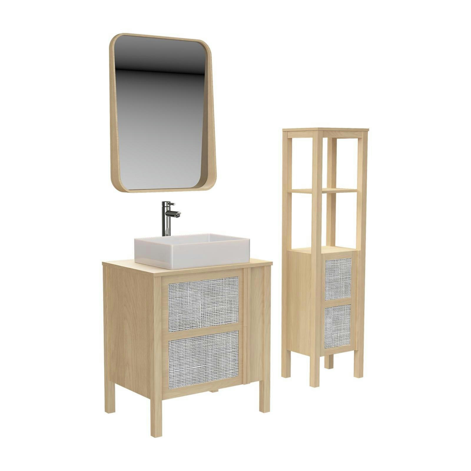 NESTO - Meuble simple vasque 70cm chêne  cannage+vasque+robinet+miroir+colonne