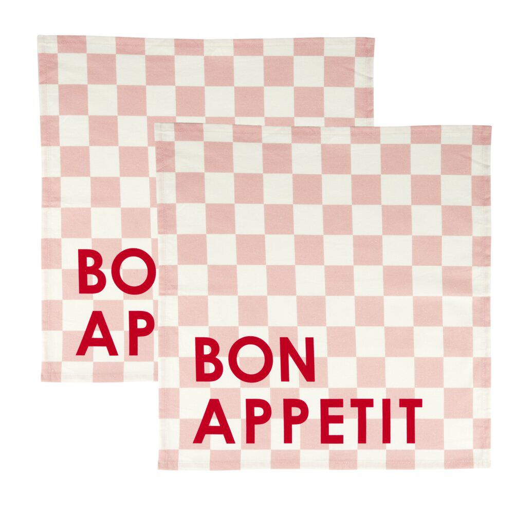 Serviette de table x2 coton vichy rose "bon appétit" 45x45cm