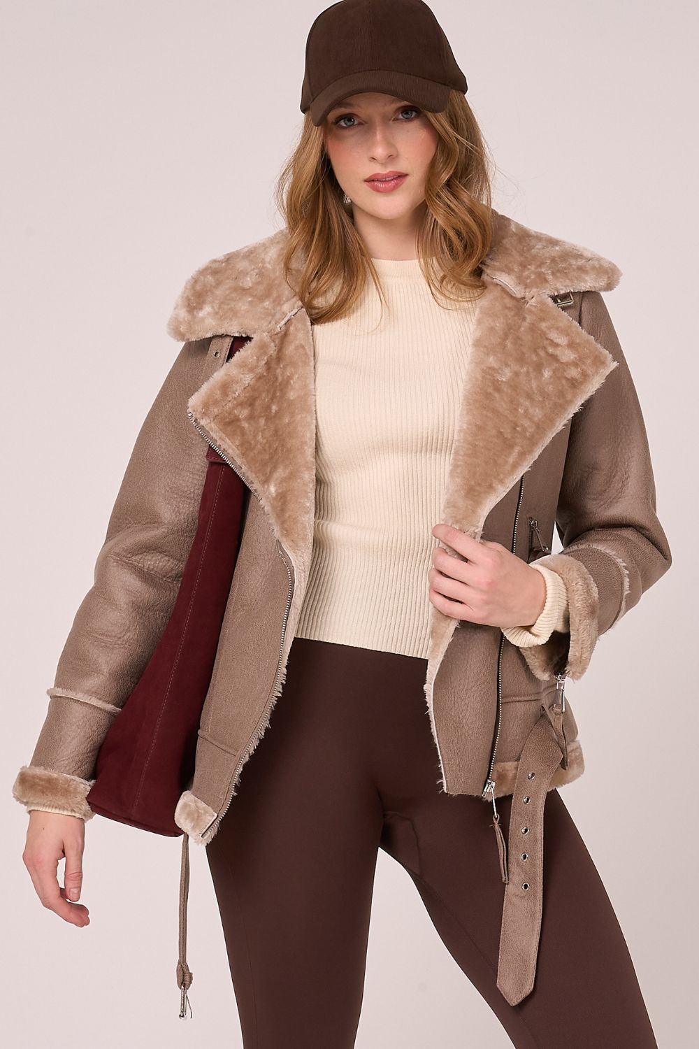 Barneys Originals Faux Shearling Belted Aviator