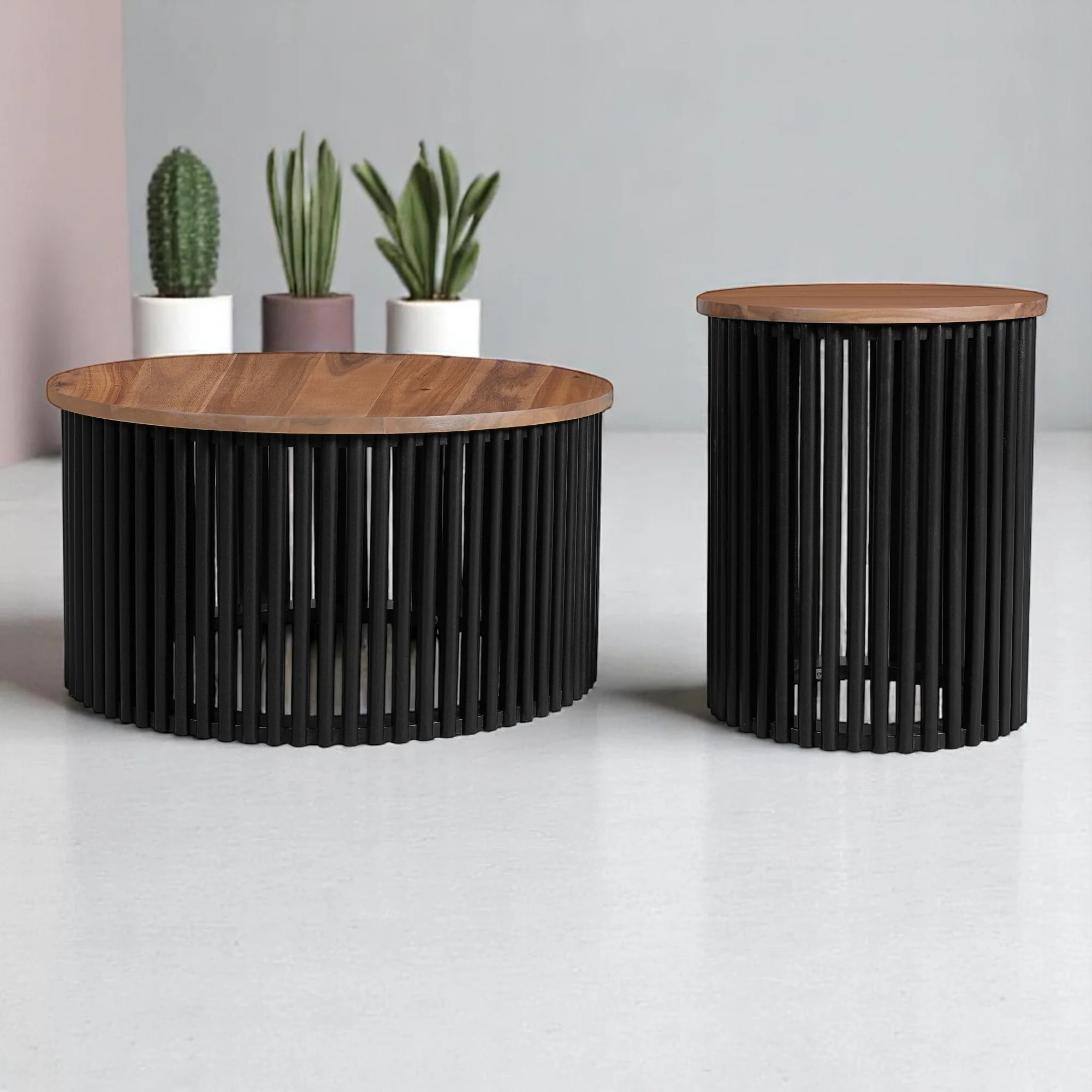 2-Piece Acacia Wood Coffee Table and Side Table Set, Round Tables with Solid Wood Base,End tables,Rustic Living Room Furniture