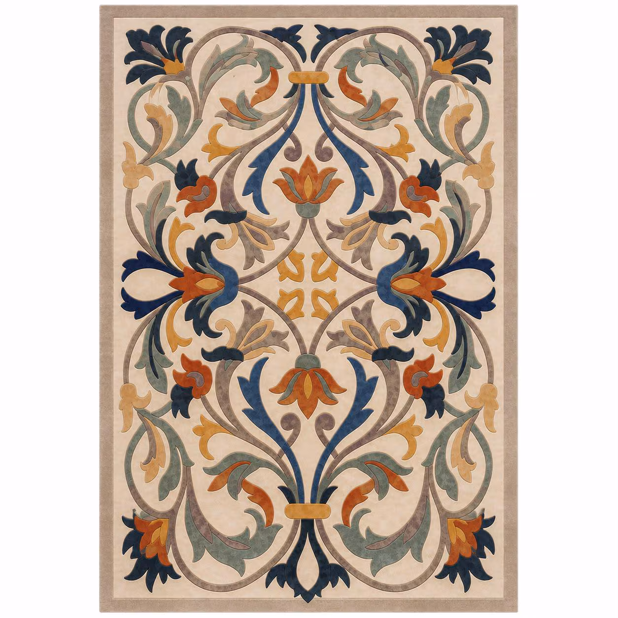 Royal Heritage Floral Hand-Tufted Rug: Traditional Persian Design, Navy Olive Green Rust Gold Beige