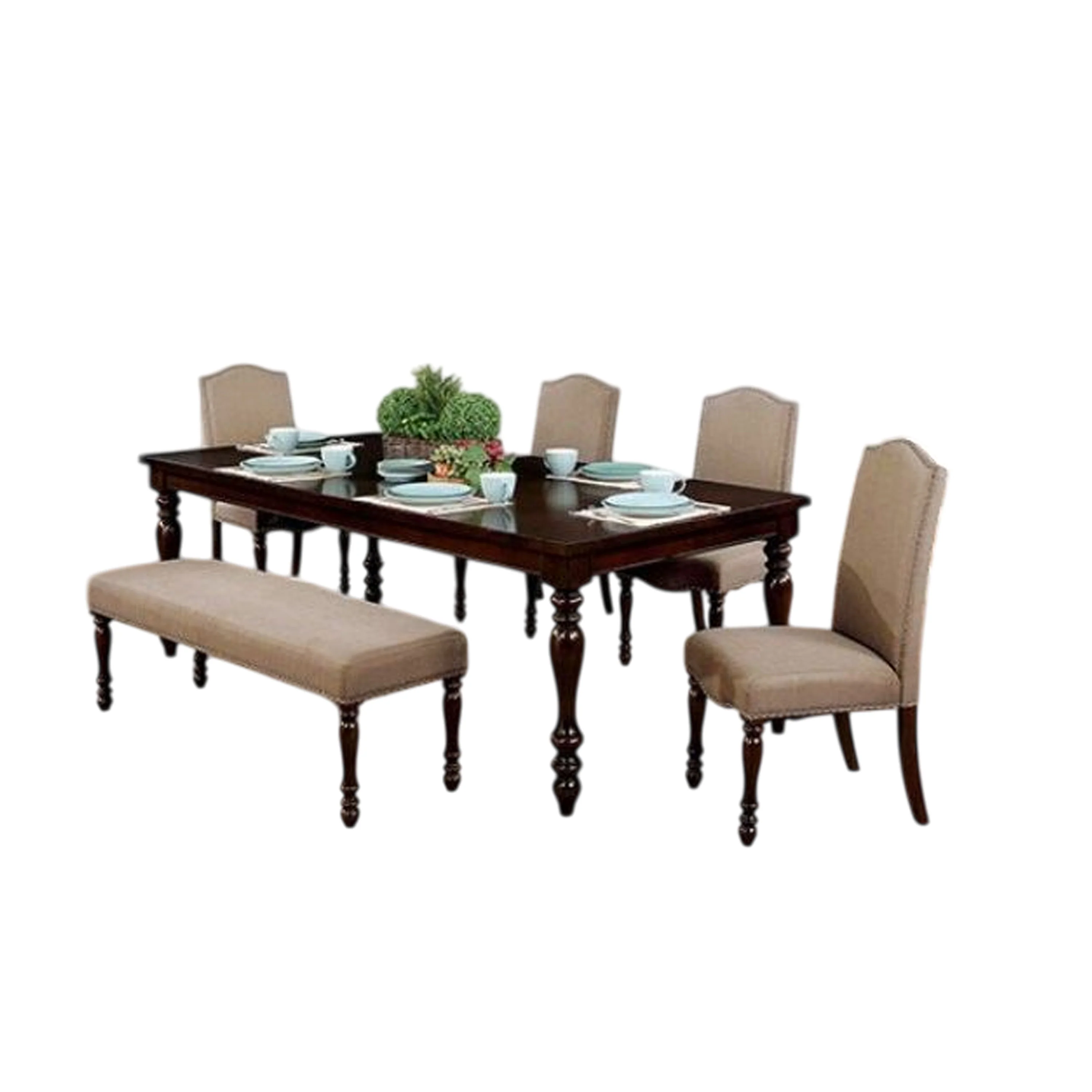 Fenny 6pc Dining Table with Bench, 4 Beige Fabric Chairs, Cherry Brown