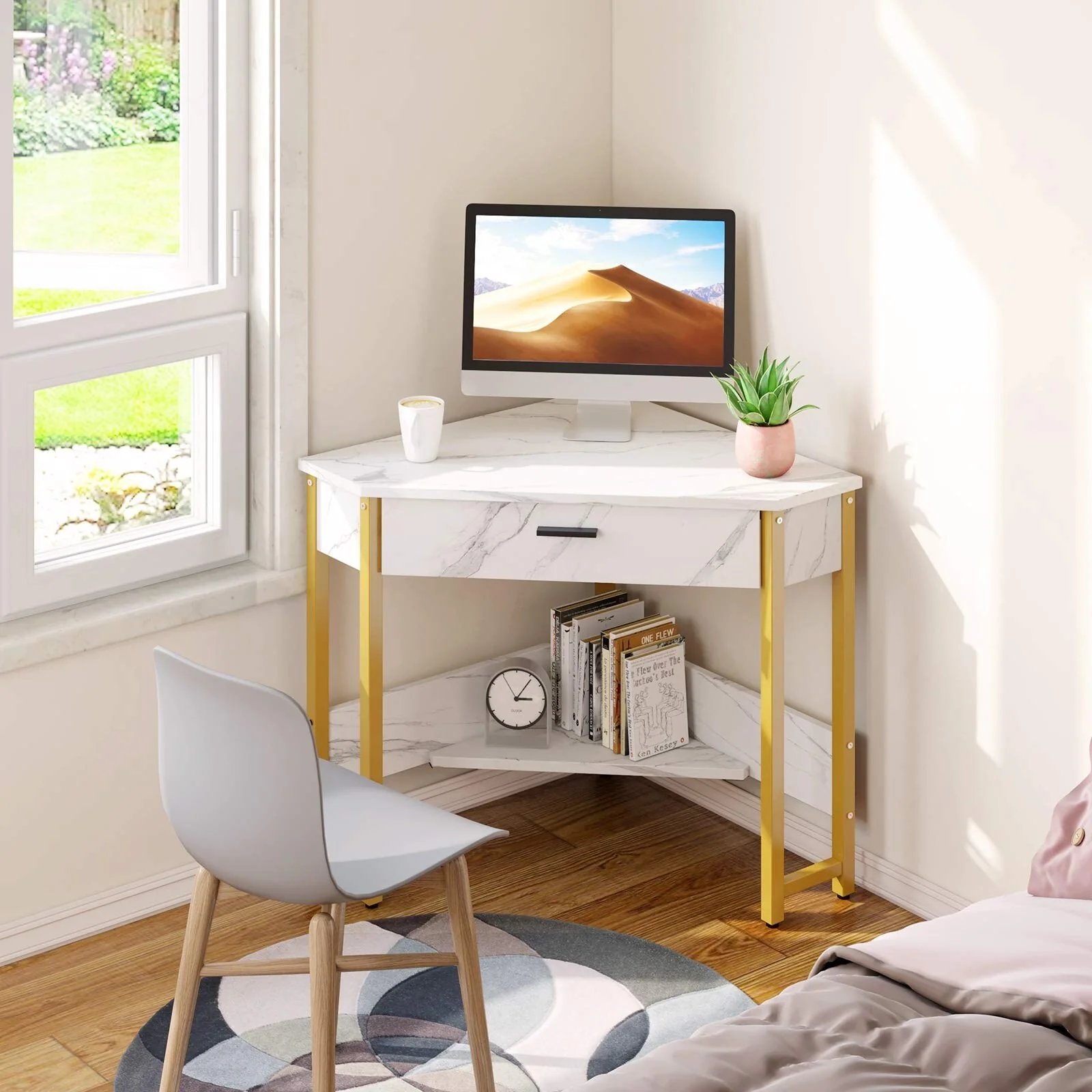 ODK Corner Desk With Large Drawer & Storage Shelves - Triangle Computer Vanity Writing Desk for Workstation