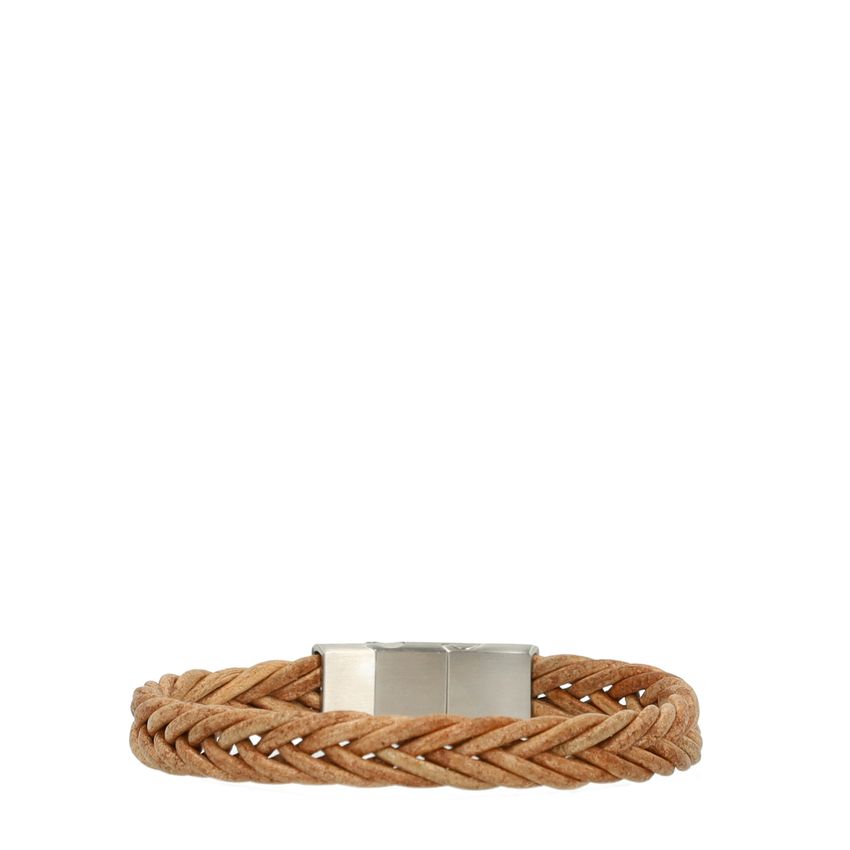 Manfield Bruine leren gevlochten heren armband