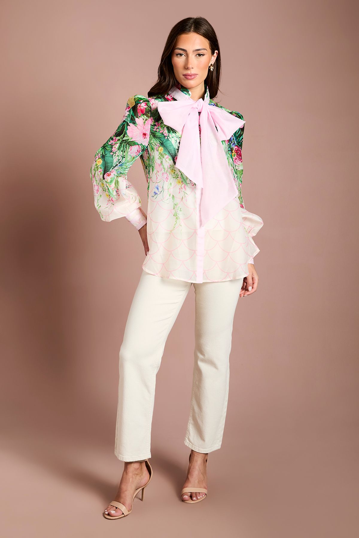 Coast Lisa Tan Pussybow Long Sleeve Organza Shirt