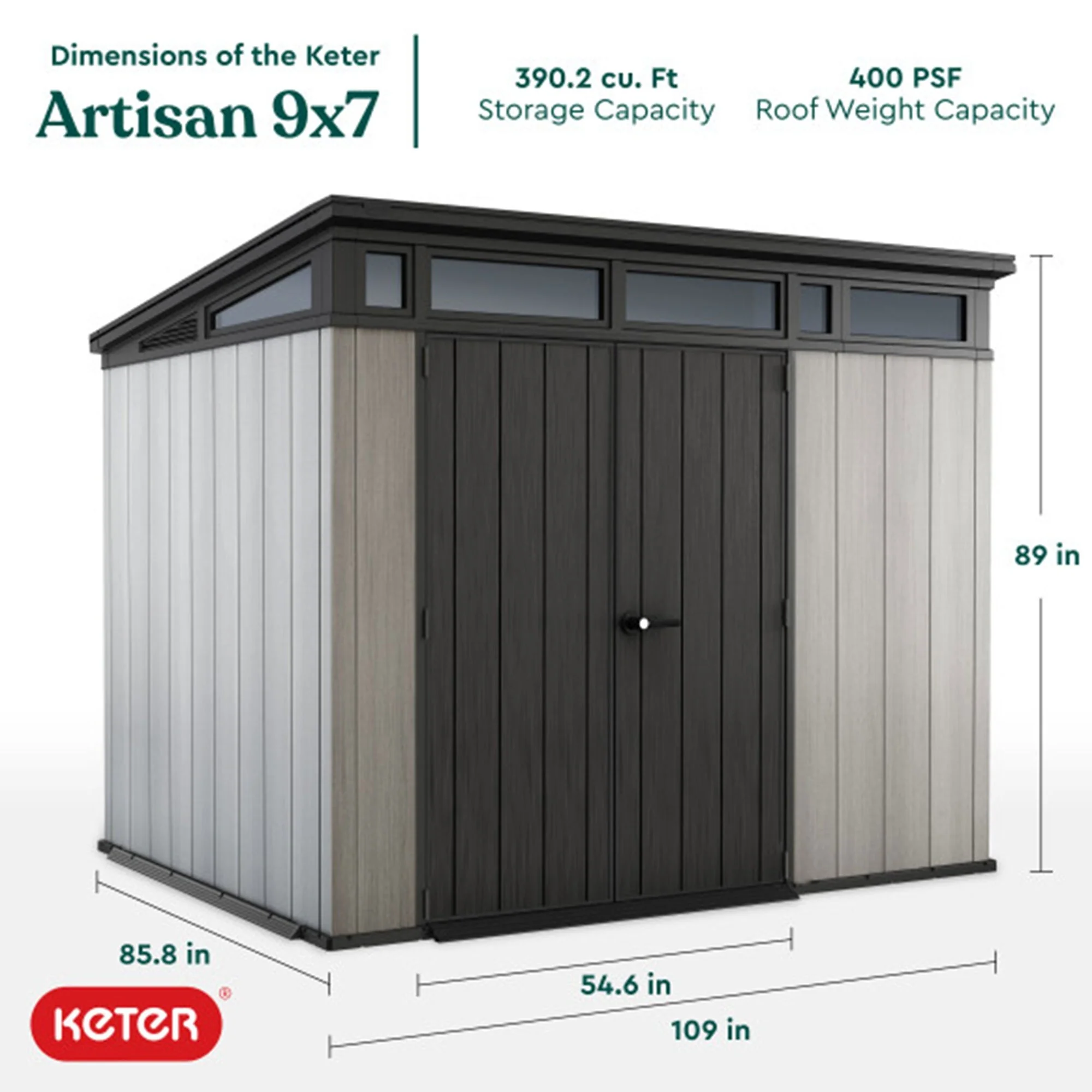 Keter Artisan 9 x 7 ft. Modern and Elegant Resin Outdoor Storage Shed With Floor for Patio Furniture and Tools, Grey