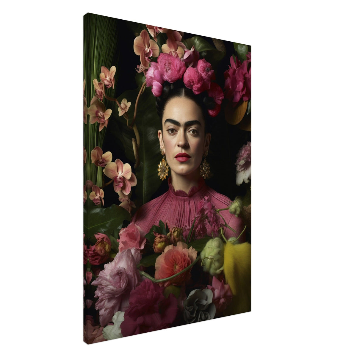 Artfulprints Canvas Frida Kahlo – Floral portrait canvas - 100x150 cm - Roze