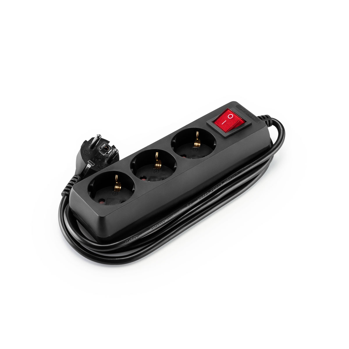 Extensão elétrica preta com 3 tomadas com interruptor