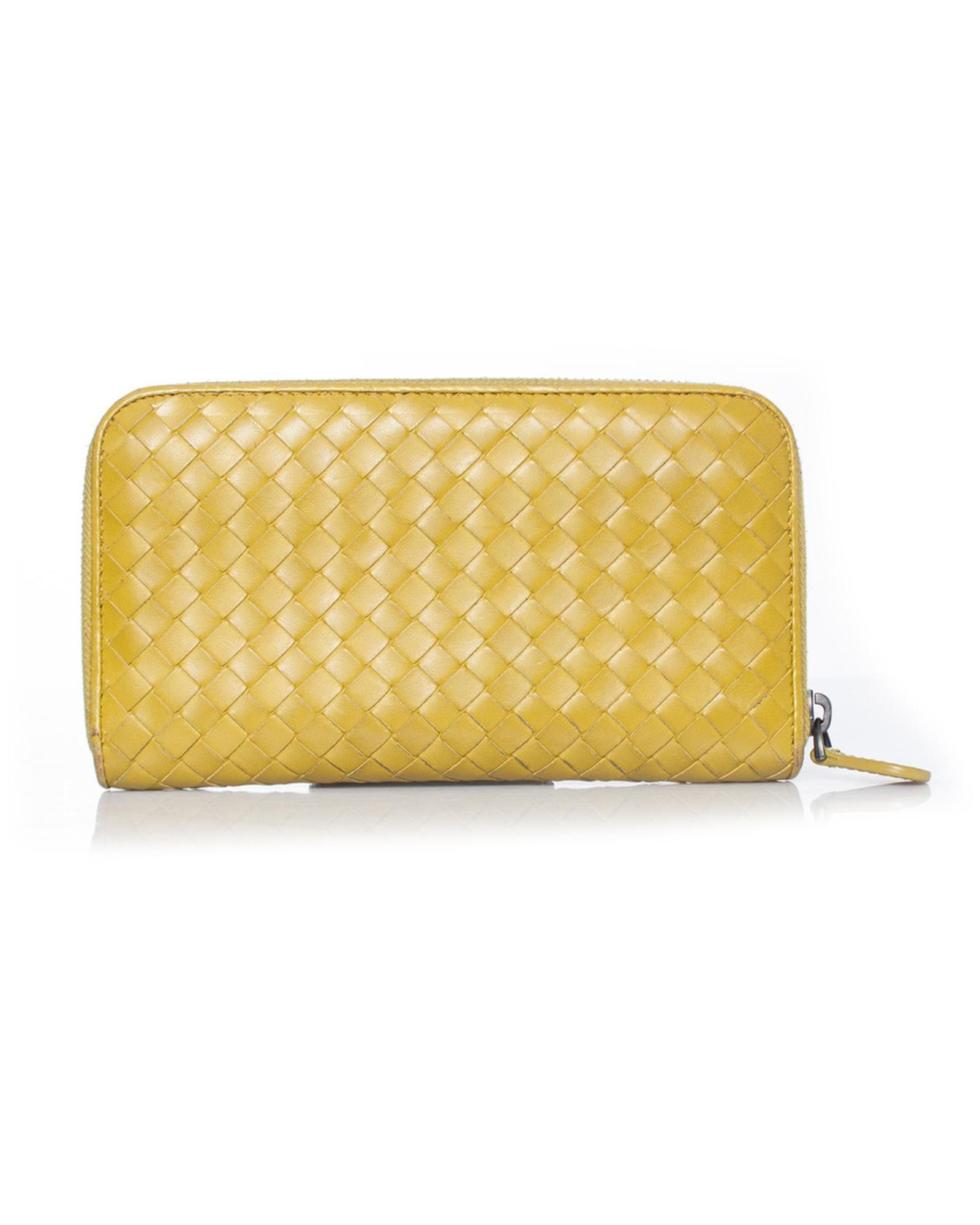 Bottega Veneta Preloved Intrecciato Zip Around Wallet Classic Leather Wo - Yellow