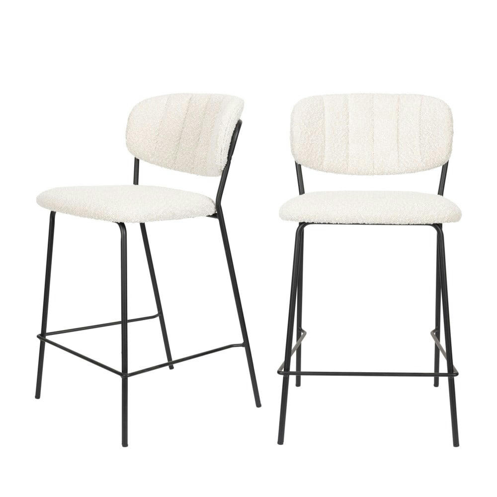 JOLIEN - Lot de 2 tabourets en tissu bouclette pieds noirs 65cm ecru