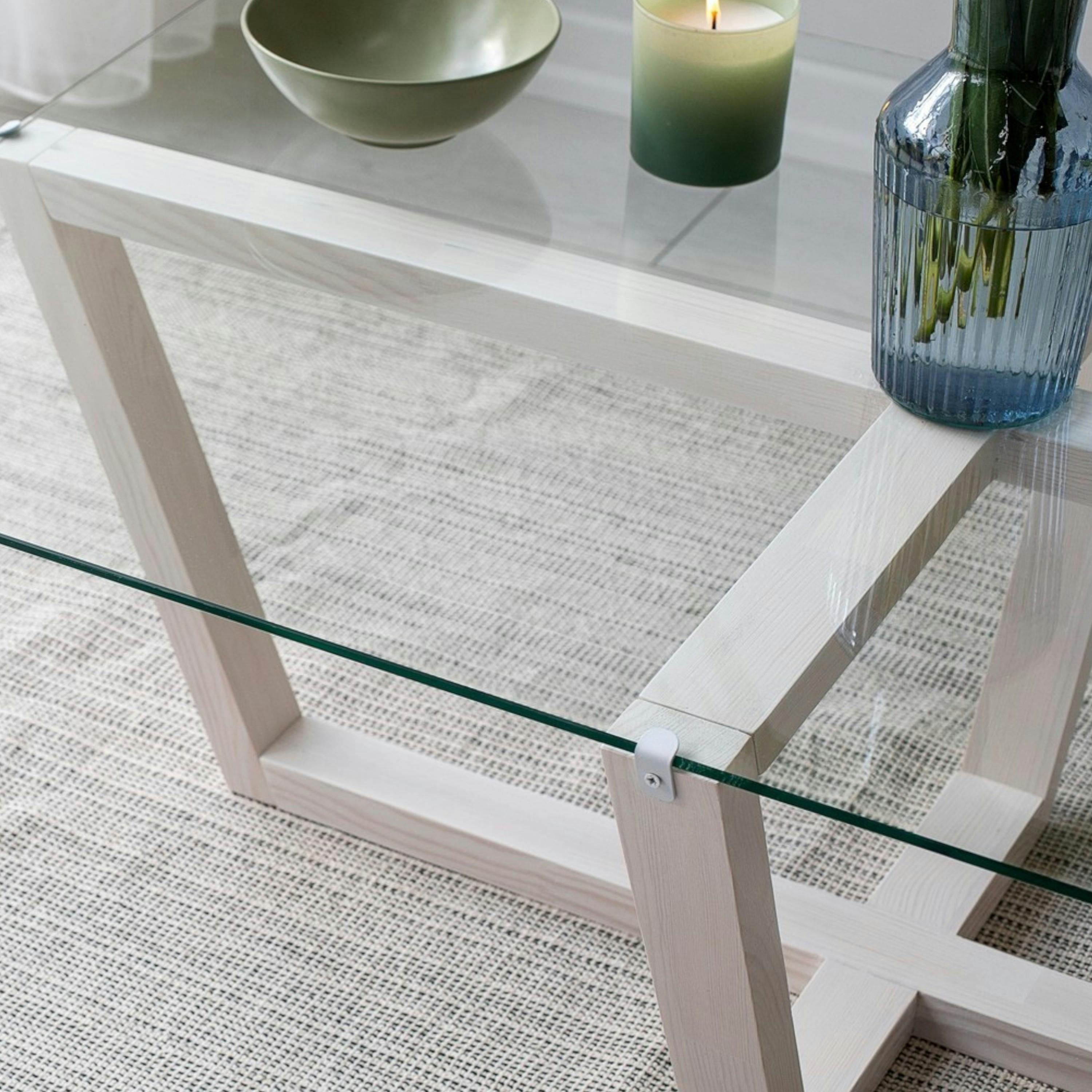 Table basse blanche design - verre trempé, pied croisé LHASA