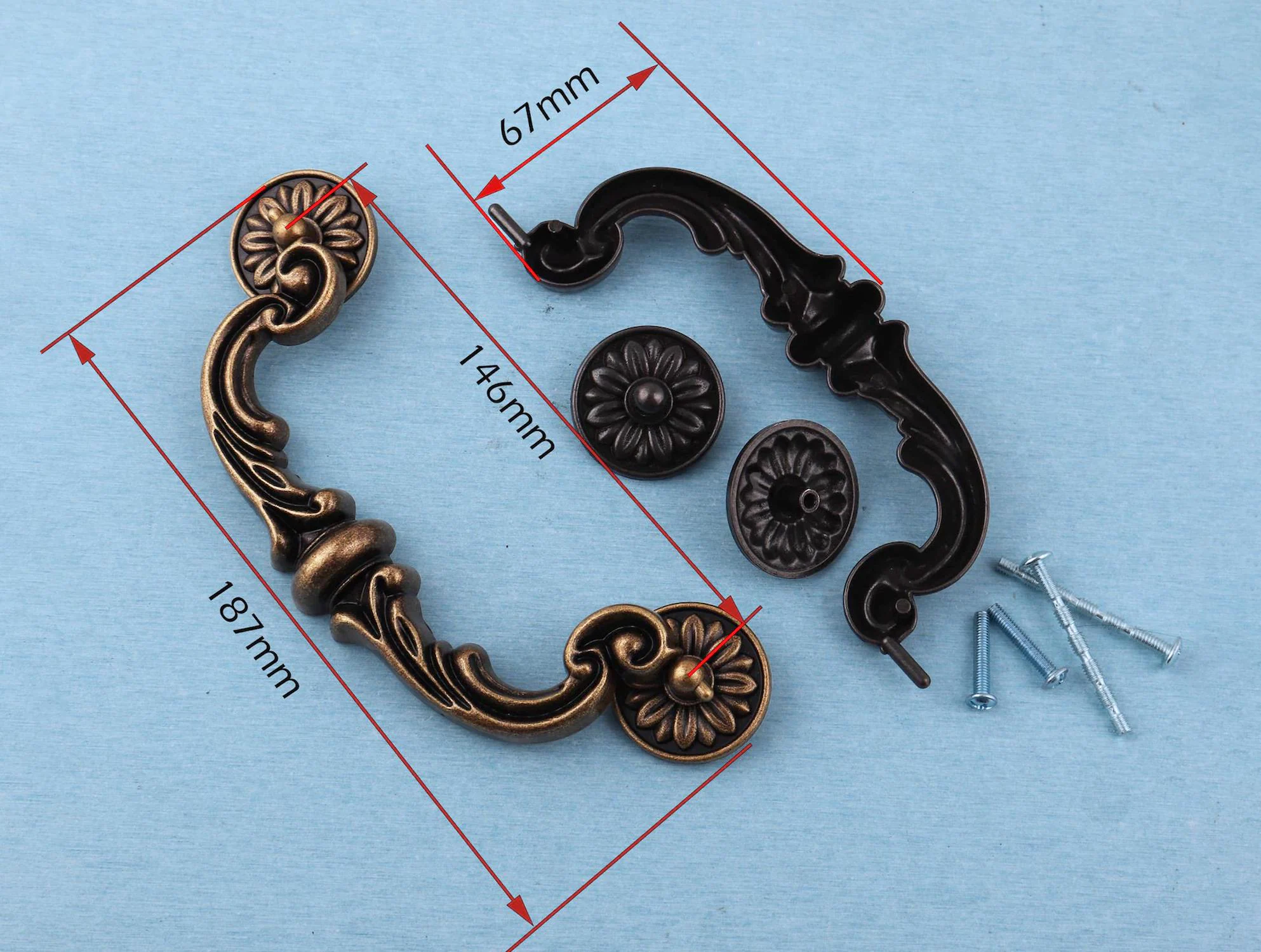 Vintage Flower Drawer Pull: Antique Brass Dresser Handle (187mm)