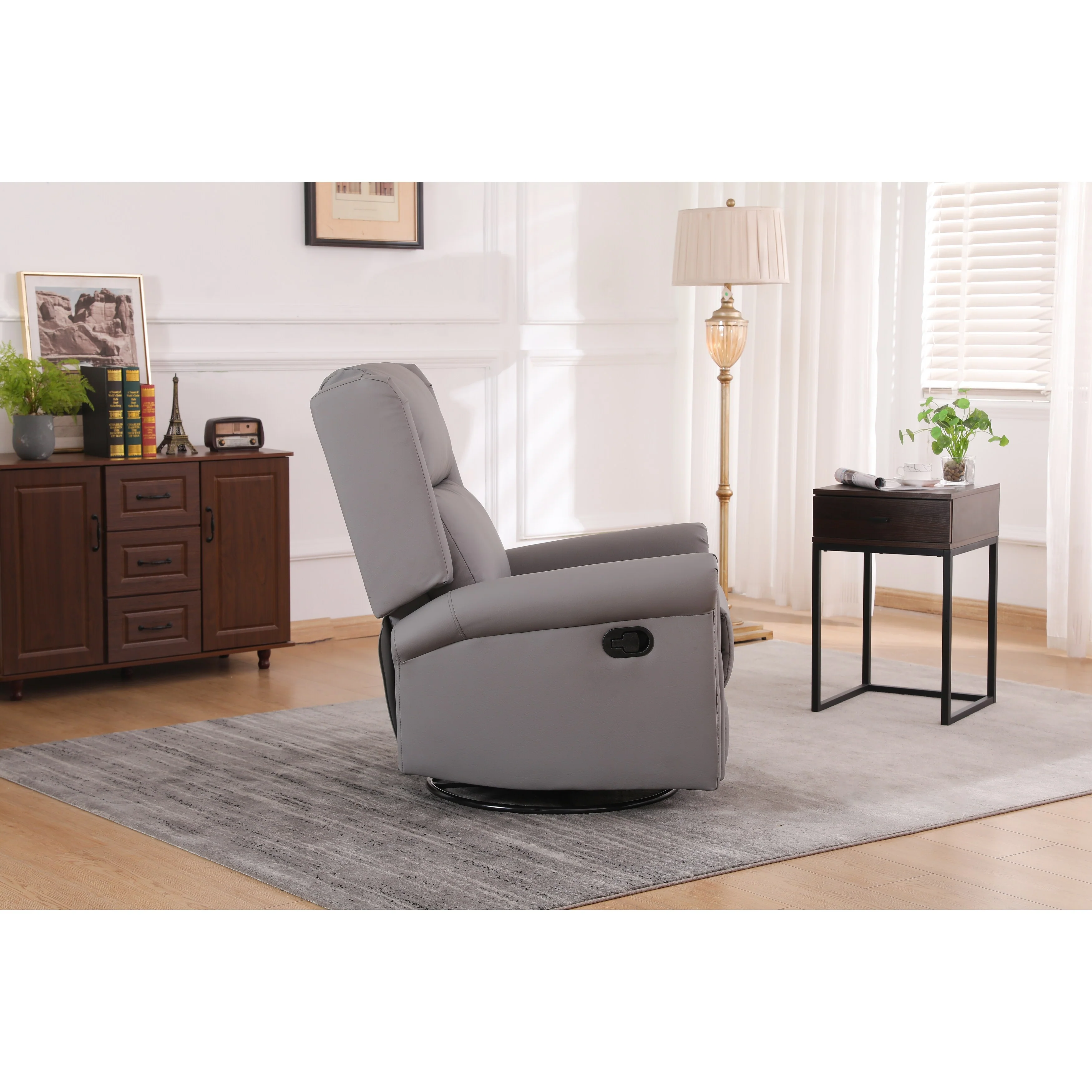 Gray PU Leather Upholstered 360° Swivel Manual Recliner with Adjustable Backrest and Footrest, Nailhead decoration