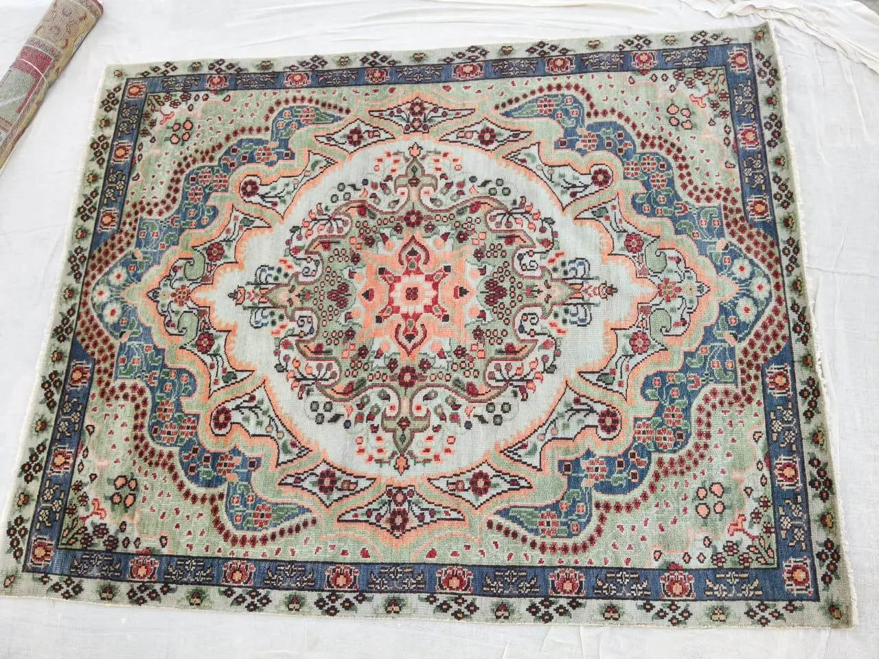 Vintage Hand Knotted Rug, Blue Floral Medallion Area Rug, Traditional Oriental Style Home Decor