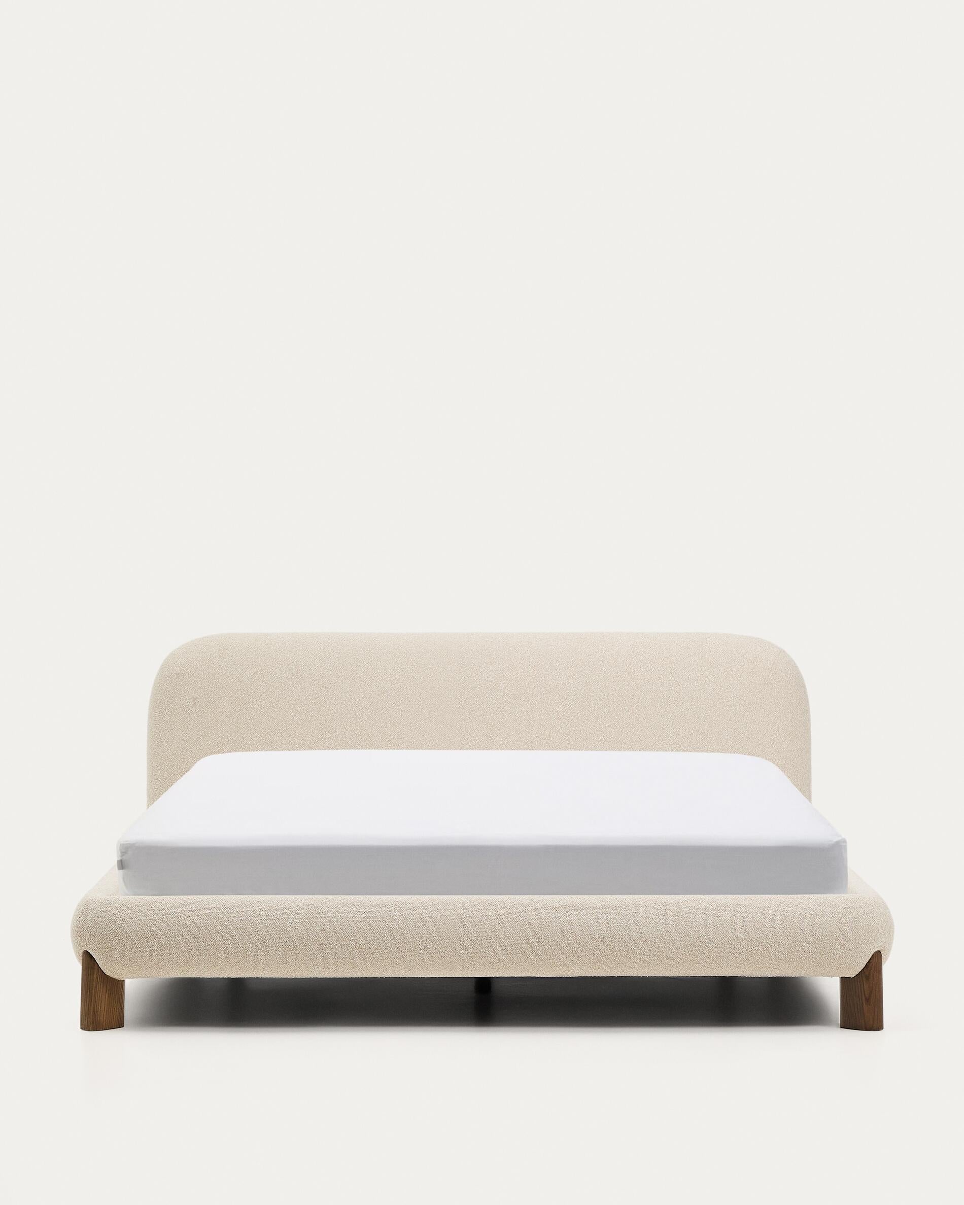Odina ecru bouclé bed with removable cover and solid ash wood legs with walnut finish for 180 x 200cm mattress