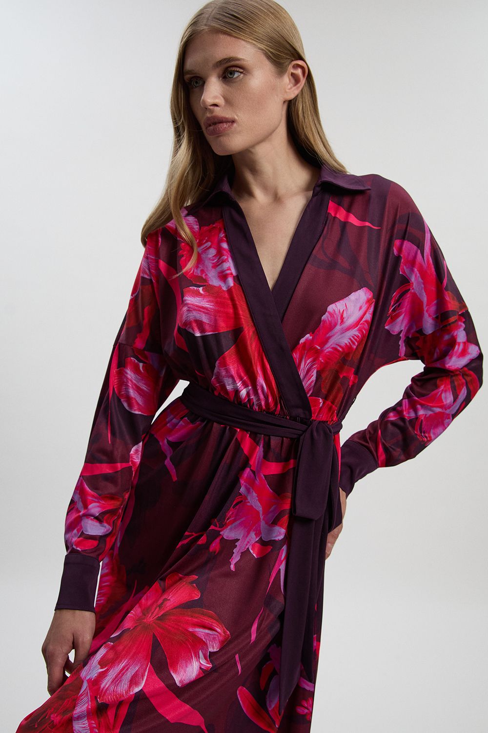 KarenMillen Floral Print Crepe Tie Waist Maxi Dress