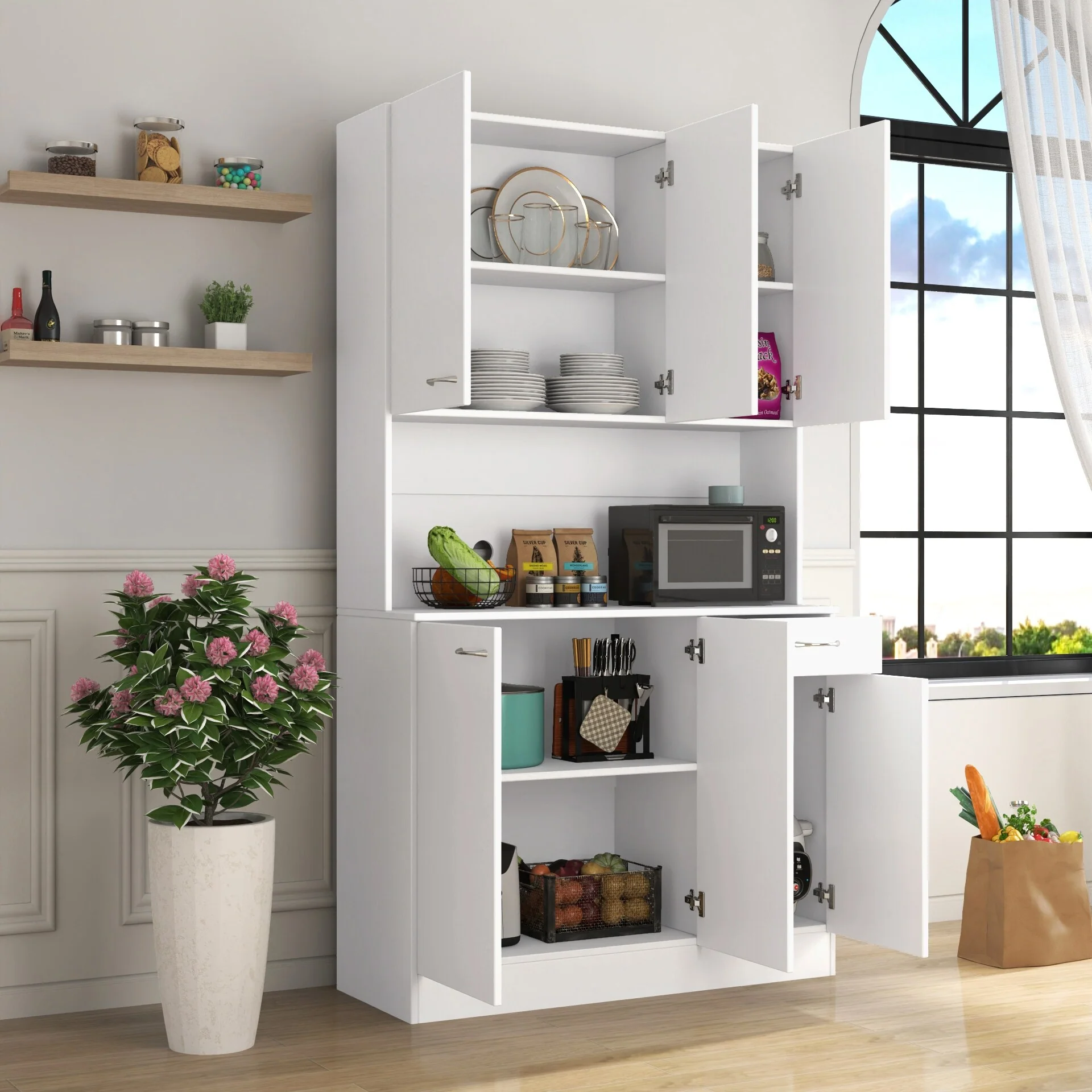 Modern Tall Cabinet with 6 Doors, 1 Open Shelf and 1 Drawer for Bedroom, Kitchen